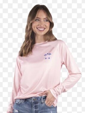 Simply Southern Light Pink Long Sleeve Tee with Small Blue Chest Logo